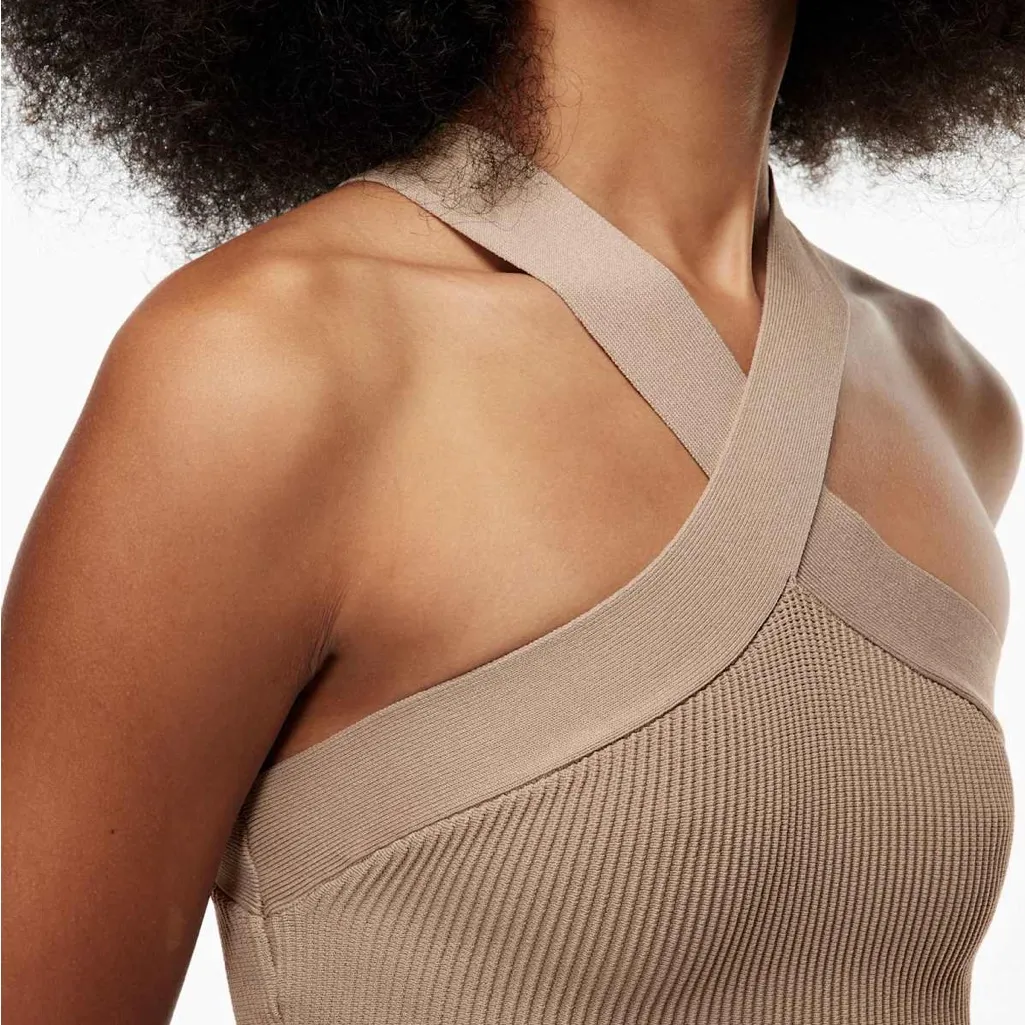 Aritzia Babaton Sculpt Knit Criss Cross Ribbed Cropped Tank Top Tan Beige Size S - Image 2