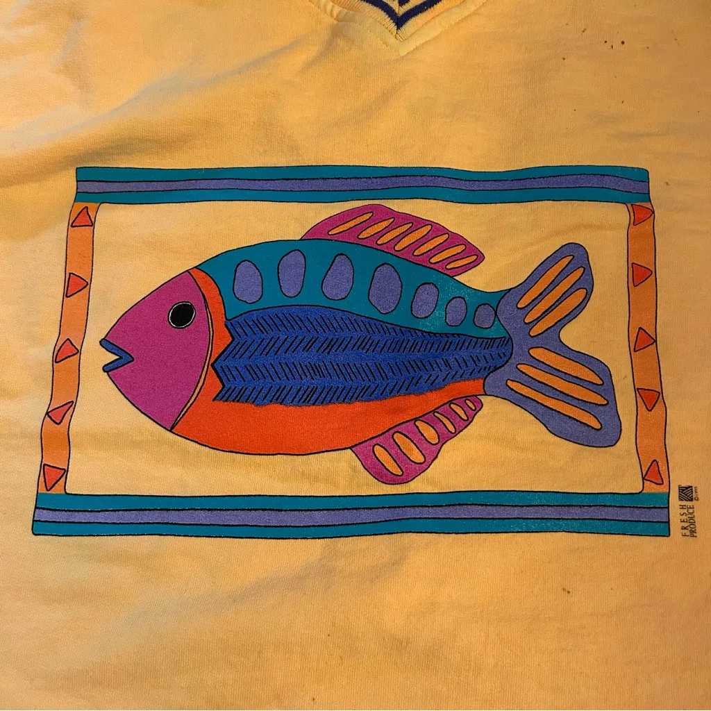 1995 Colorblock Fish Sweatshirt V Neck Nautical Graphic Yellow 90s Vintage XL Gold - Image 5