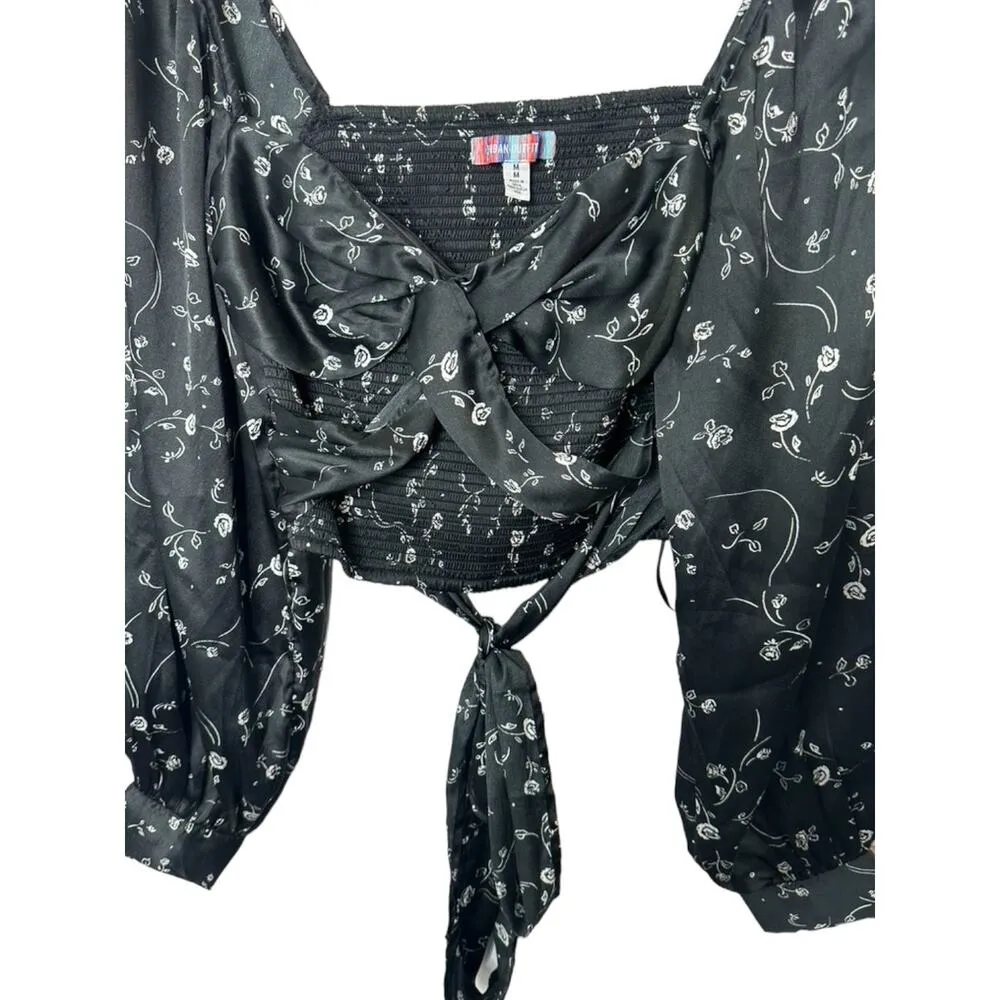 Urban Outfitters Black Floral Maya Smocked Tie-Back Top Size Medium - Image 3