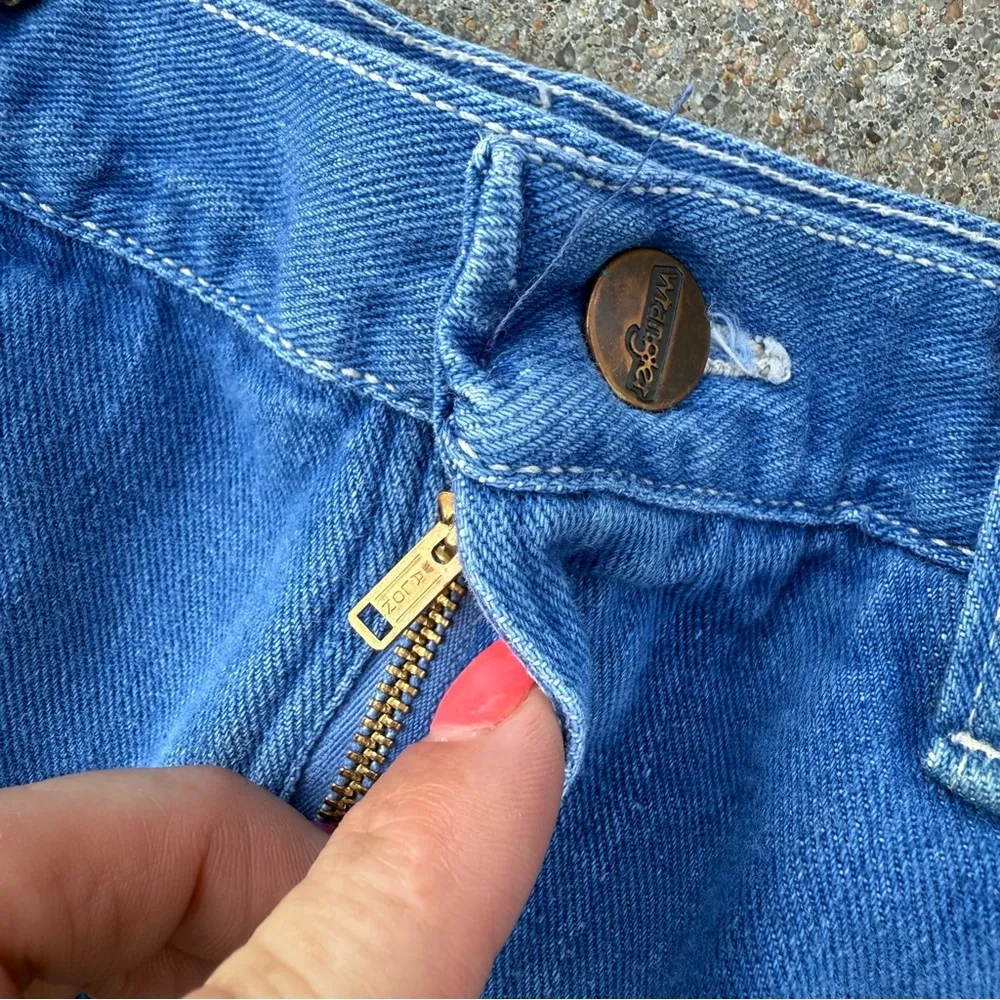 VTG 80s Wrangler Wrapid Transit Blue Jeans Sunset Southwestern Embroidery Pocket - Image 8