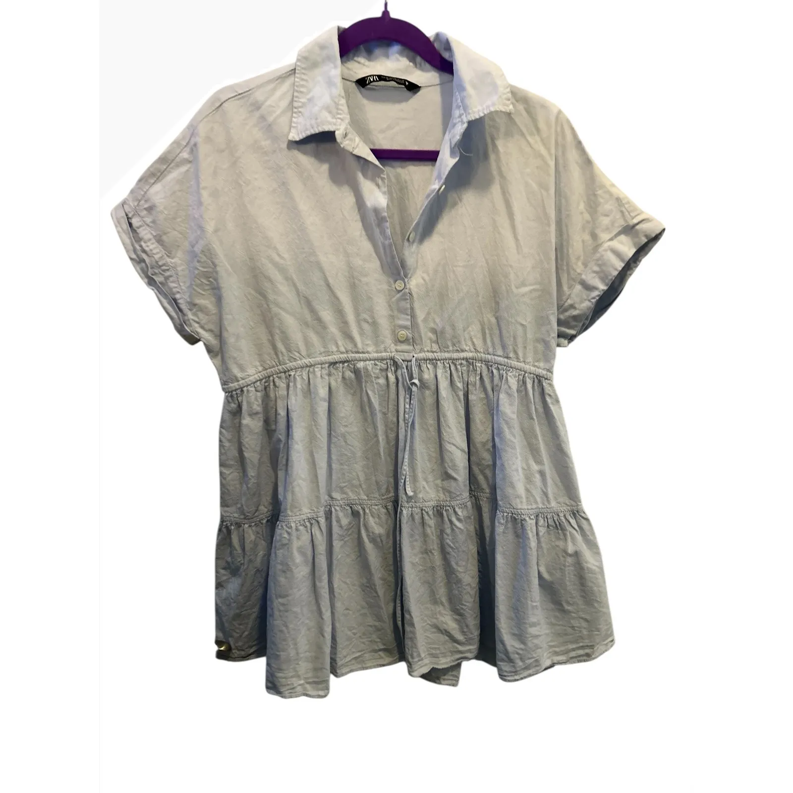 Zara Tiered Mini Dress Blue XS Short Sleeve Collared Button Down Tunic Top‎ - Image 2