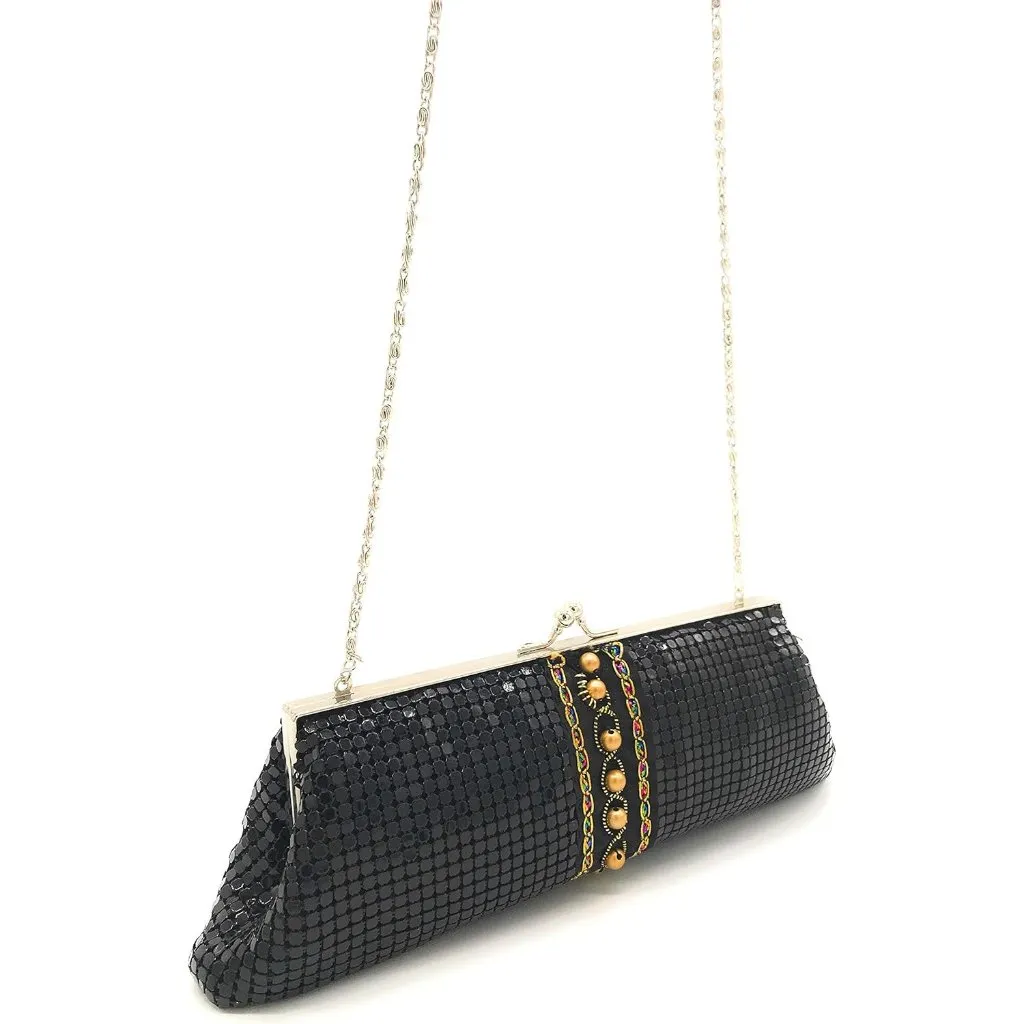 ⚡ Women's Black Golden Dome Bead Floral Metal Kiss Lock Evening Clutch Bag - Image 4