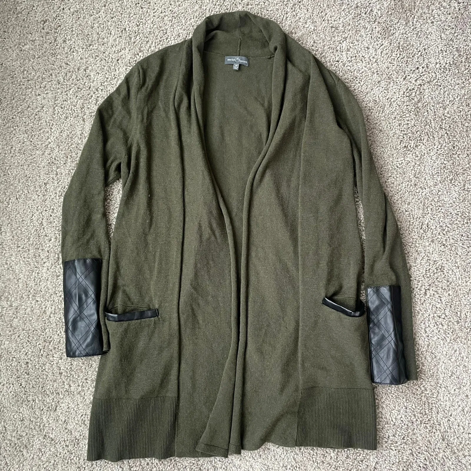 Market & Spruce M olive cardigan with faux leather detail on pockets and cuffs - Image 8