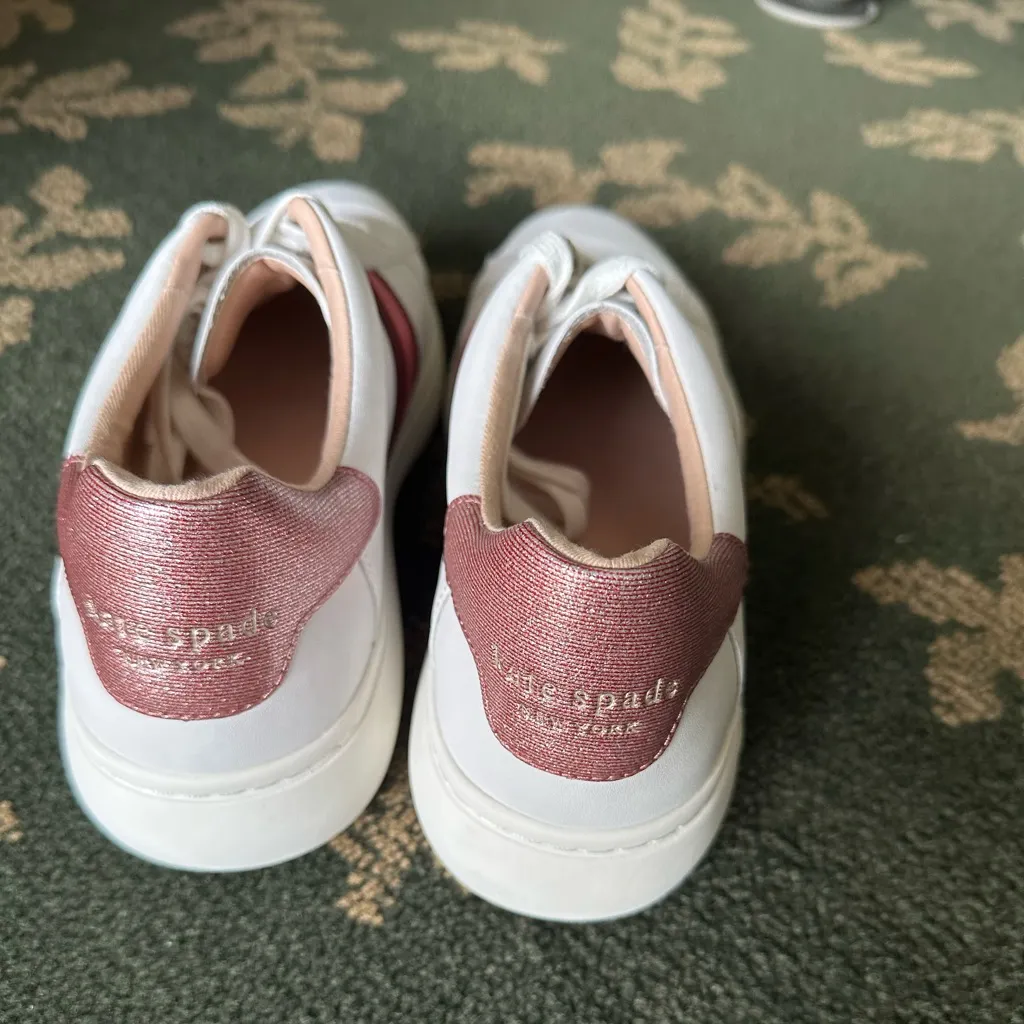 Kate Spade White and Burgundy Women's Sneakers size 10B - Image 7