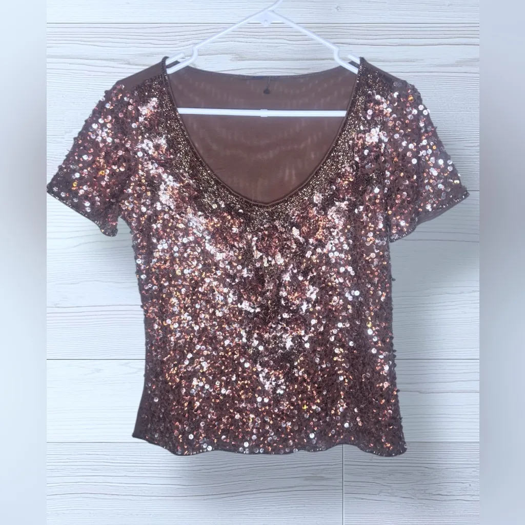 LUISA SPAGNOLI Women’s Bronze Short Sleeve Sequin Top Brown Size M - Image 3