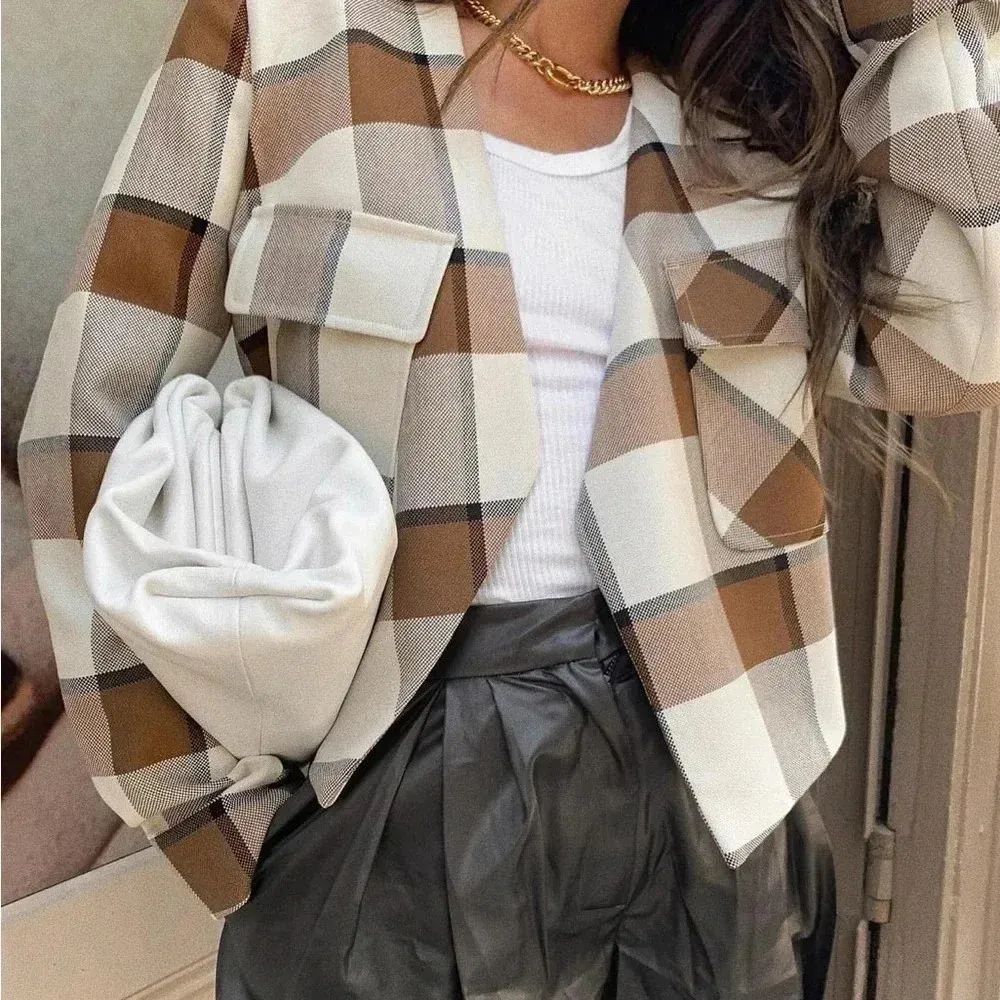 Tibi Dylan Plaid Cream Cropped Jacket Blazer in Ivory Camel Size 12 - Image 12