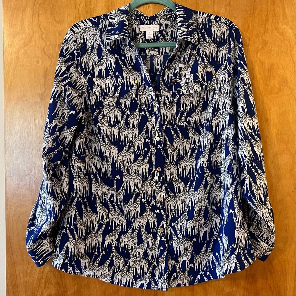Charter Club Blue Giraffe Safari Long Sleeve Gold Button Blouse Top Shirt Small - Image 5