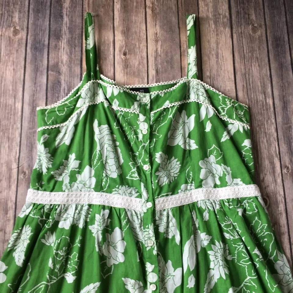 Vtg Y2K Floral Sun Dress Jr Women XL Retro Cottage Core Green White Print Cotton - Image 3