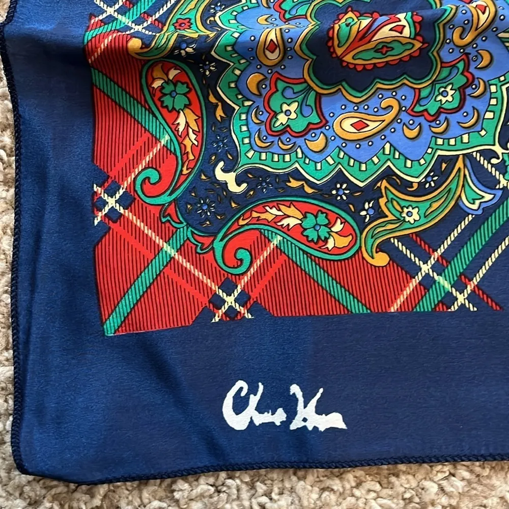 Vintage 90s Satin Silk Blend w/ Paisley & Plaid Print Bandana Scarf Blue - Image 5