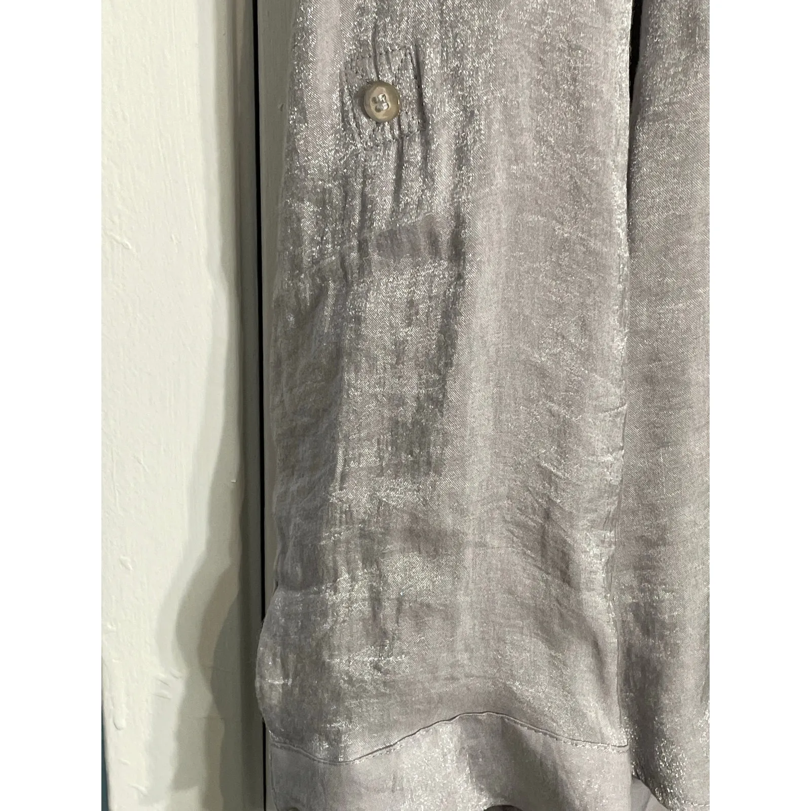 Chico’s Blouse XL Shimmery Silver Dressy Crepe Office Holidays Roll Tab Sleeve - Image 3