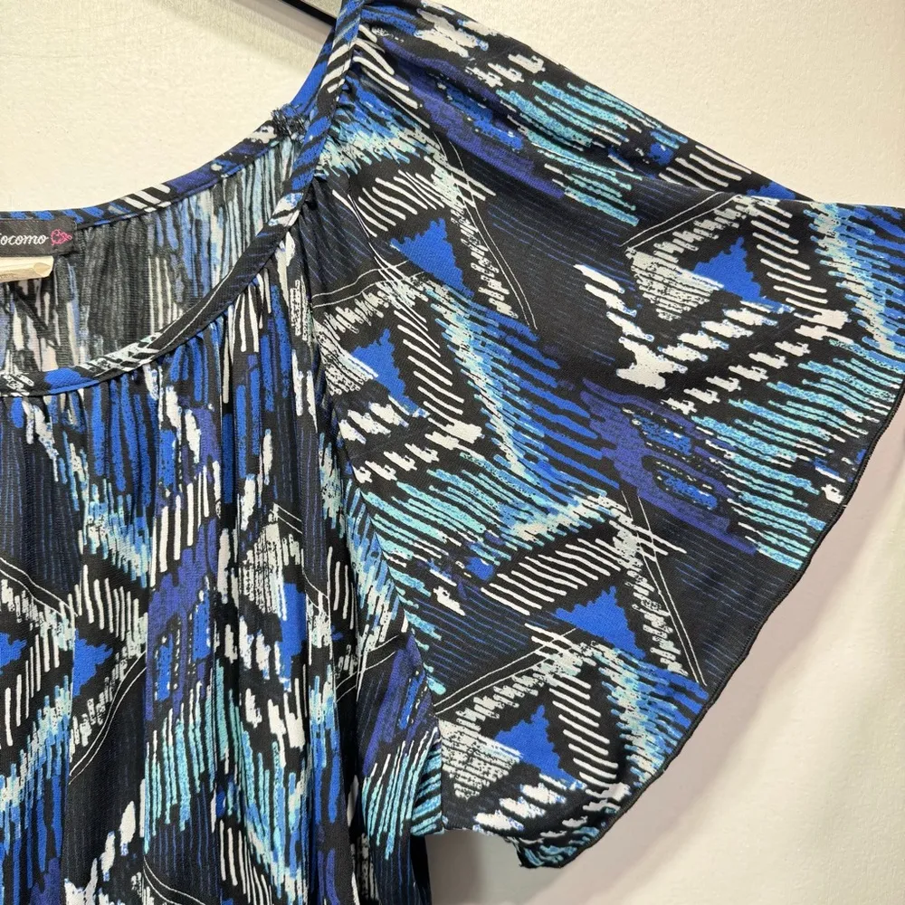 Aztec Ikat Print Ruched Smocked Waist Flutter Sleeve Ruffle Blouse by Cocomo Blue Size L - Image 3