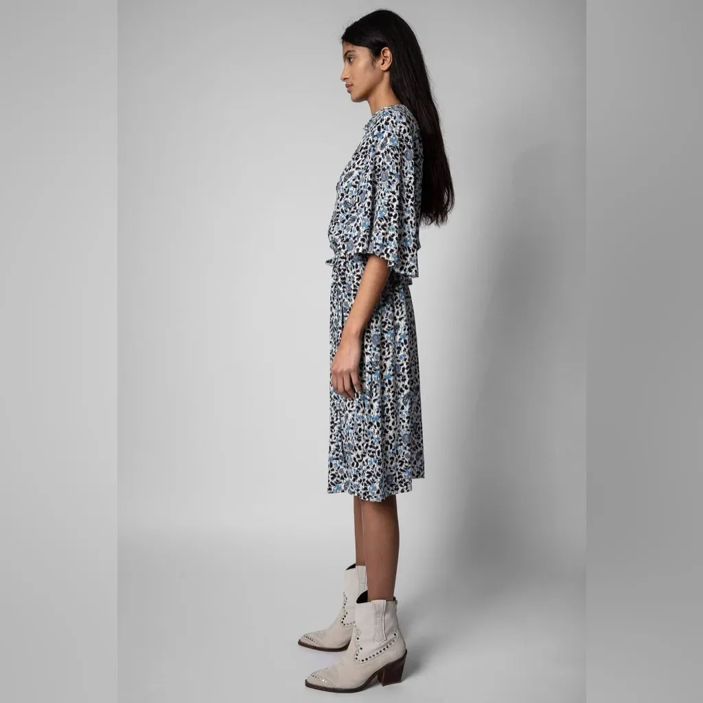 Zadig & Voltaire Rhone Floral Print Crepe Short Sleeve Midi Dress Sea Small - Image 3