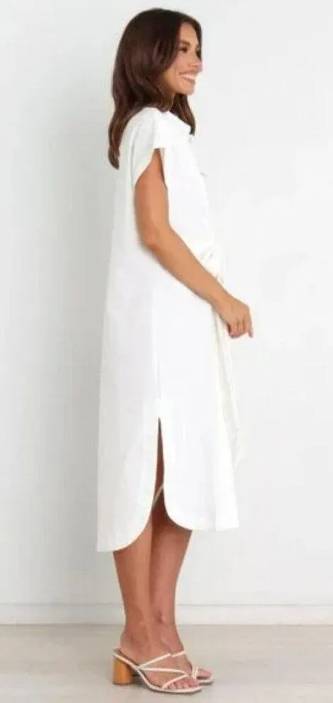 Princess Polly Petal & Pup Allison White Linen Button Front Tie Waist Midi Shirt Dress 4 - Image 2