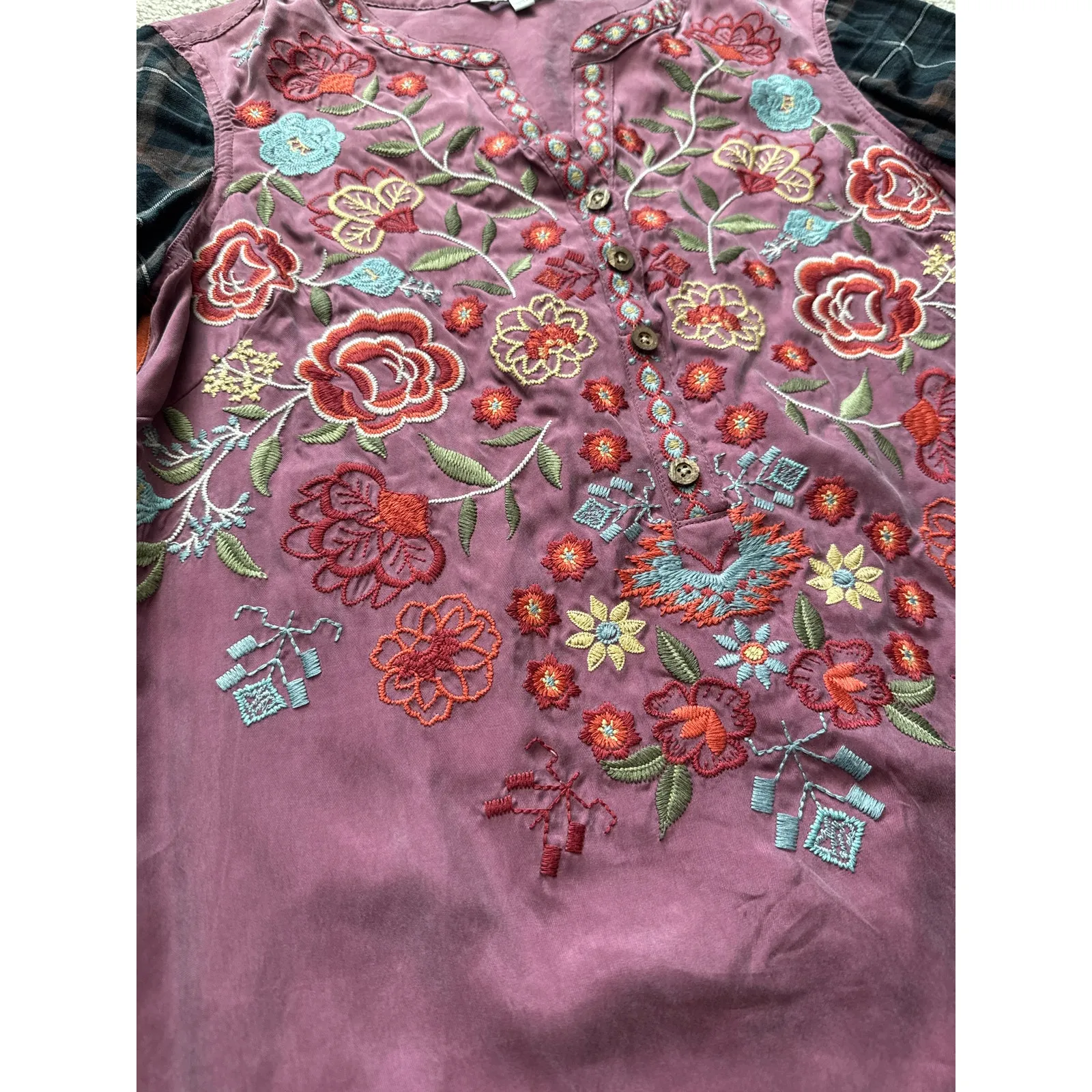 John Mark  Fully Embroidered Boho Mixed Media Long Sleeve Top Multi Size Small - Image 7