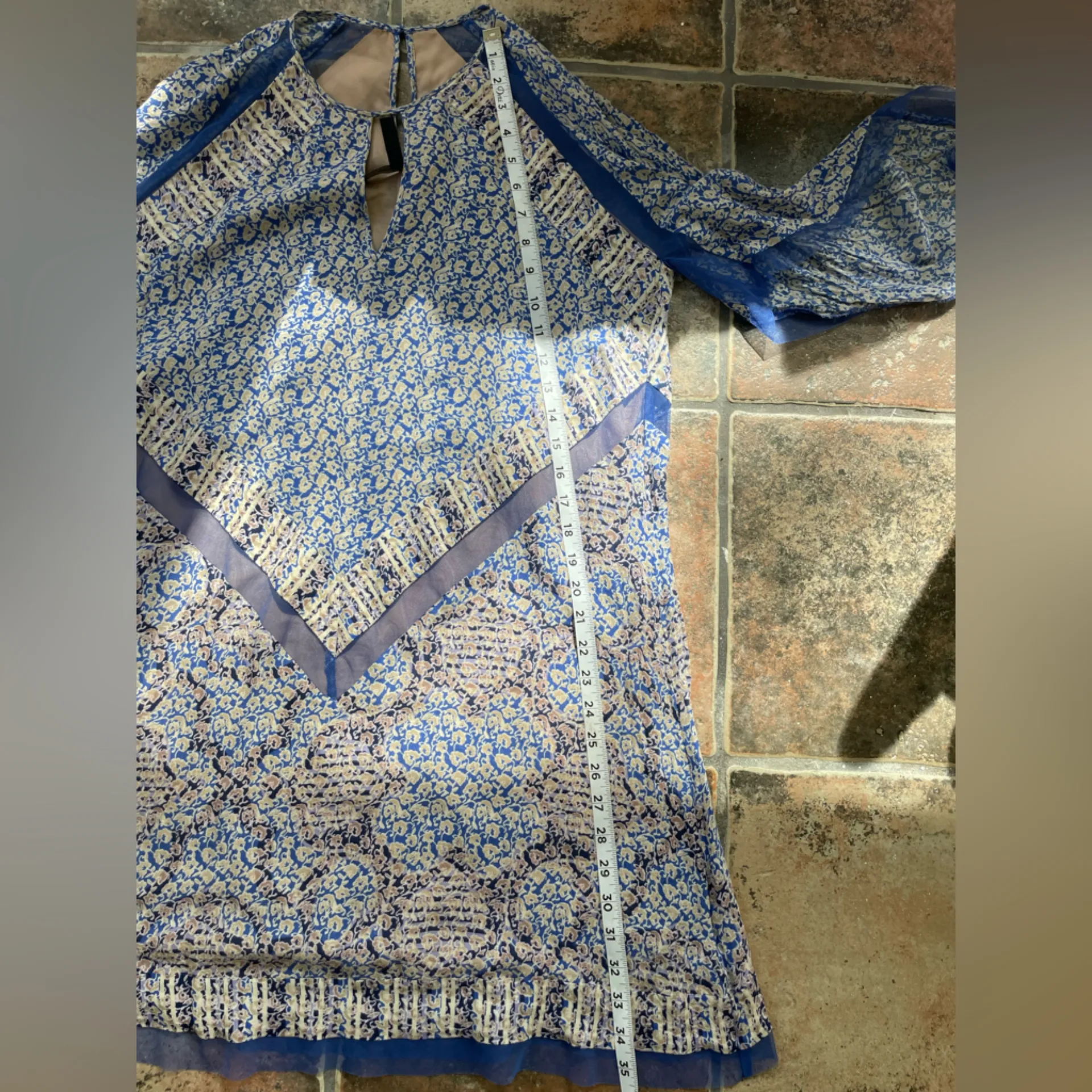 BCBGMAXAZRIA Bardot Blue Printed Asymmetrical Sleeve Scarf Dress Size XS - Image 9