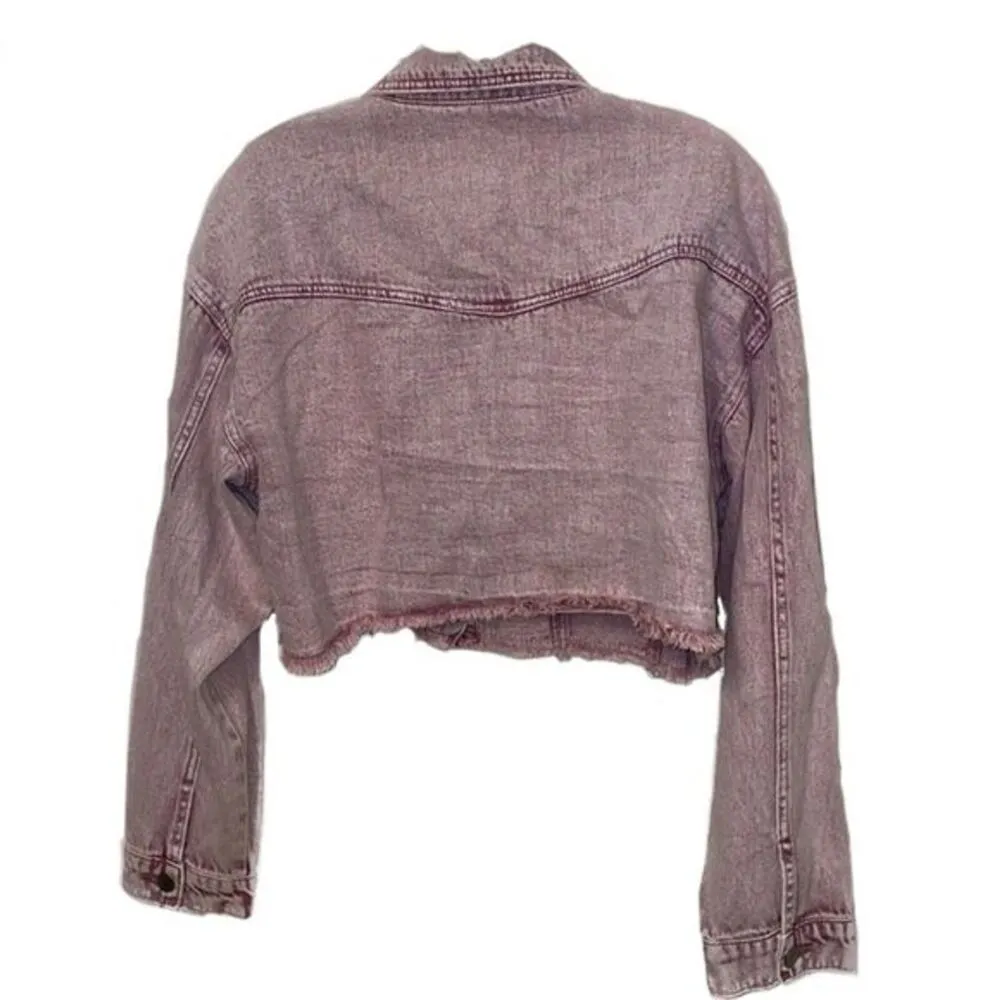 Le Lis Collection Pink Cropped Denim Jacket Womens Size Large Distressed - Image 9