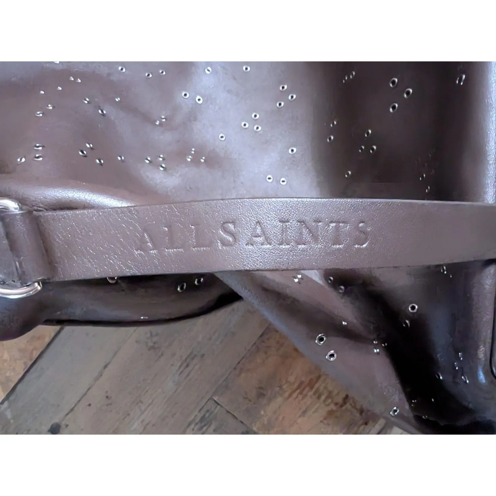 AllSaints Junai Leather Tote Crossbody Bag Brown Studded Studs Shoulder Hobo - Image 4