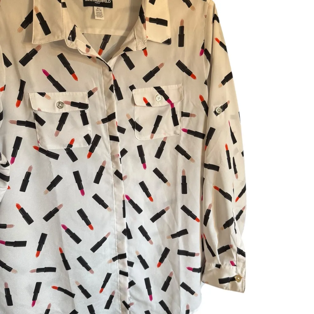 Karl Lagerfeld Paris Women’s White Lipstick Pattern Button Down Shirt Size XL - Image 4