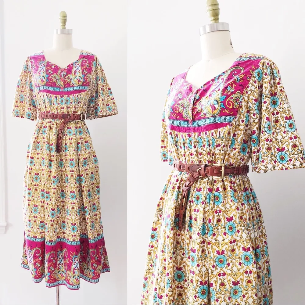 vintage • 80s cotton peasant dress block print floral mumu tent paisley - Image 5