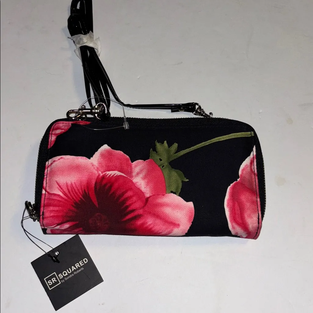 SR SQUARED BRAND NYLON WALLET ROSE DESIGN DOUBLE ZIP CLOSURE REMOVABLE STRAP Pink - Image 2