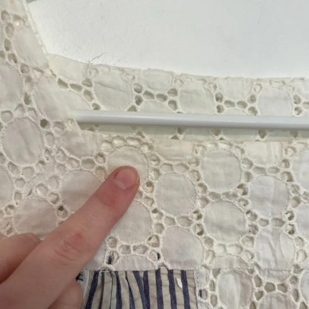 THREAD SOCIAL White Blue Patchwork Striped Floral Seersucker Eyelet Cotton Dress Size 6 - Image 9