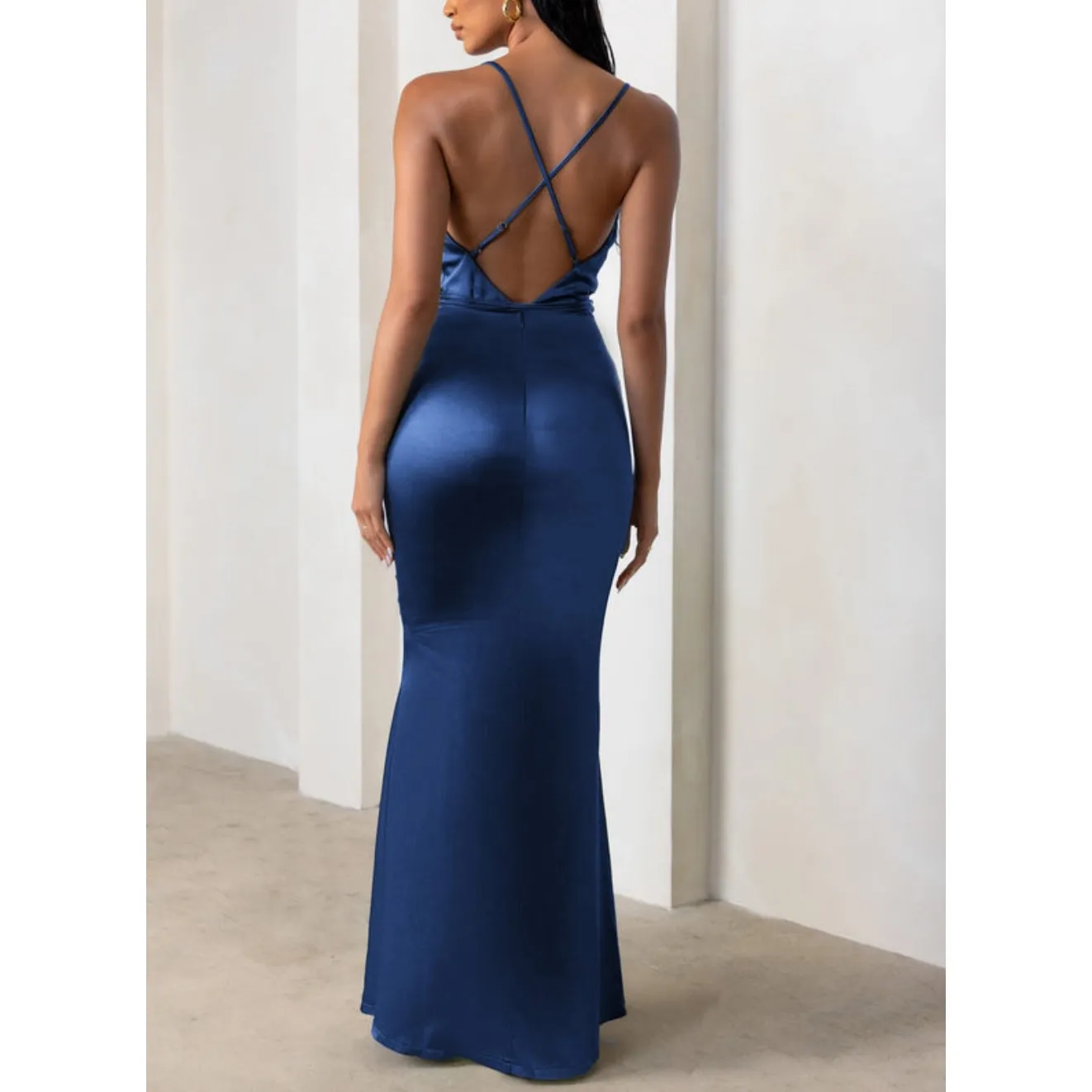 CLUB L London Navy Satin Cowl Maxi Dress Cross Back 4 party wedding cocktail - Image 2