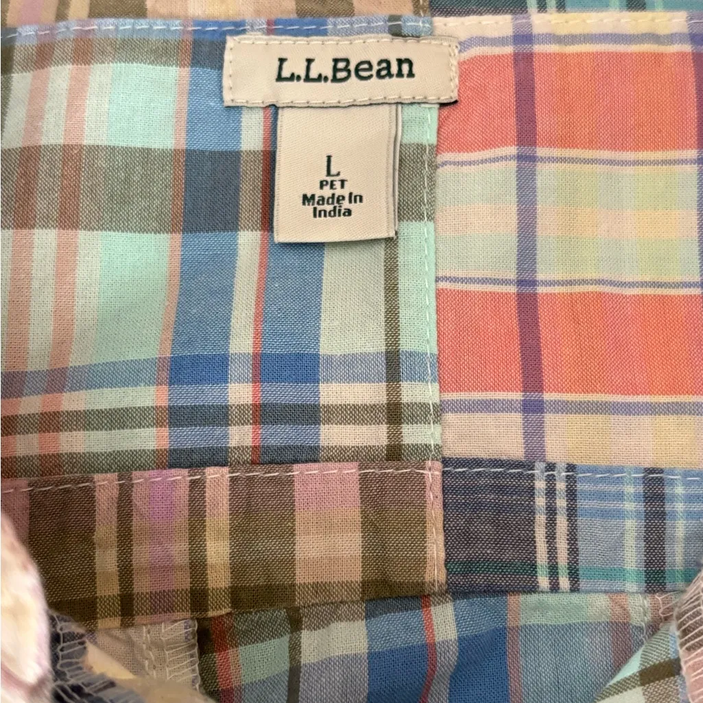 LL Bean Button Front Top Plaid Patchwork Long Sleeve Cotton Womens Large Petite Blue Size undefined - Image 8