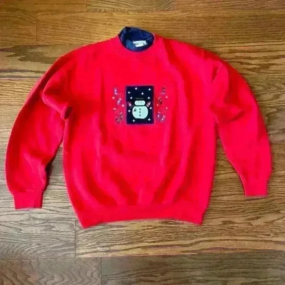Vintage 80s Christmas Embroidered Snowman Size Large Made in USA Cottagecore 90s Red - Image 8