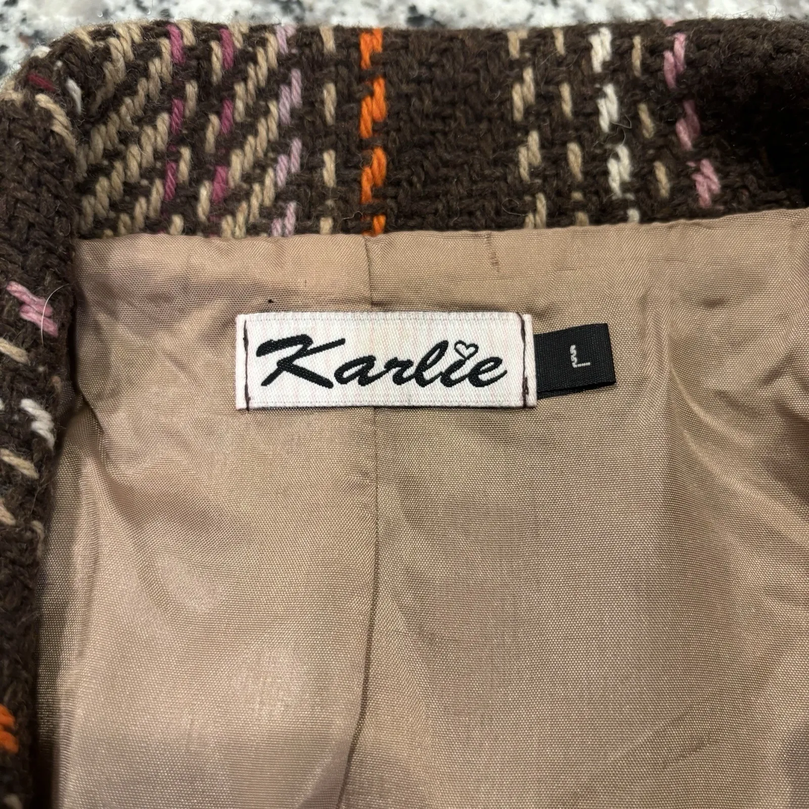 Karlie Striped Brown Coat Colorblock Buttons Textured Woven Size Large - Image 5