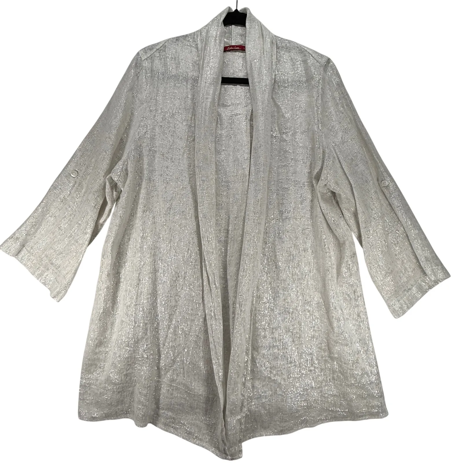 Barbara Lesser Open Front Cardigan Shimmer Metallic Linen Blend Top Size L flaw White Size L - Image 1