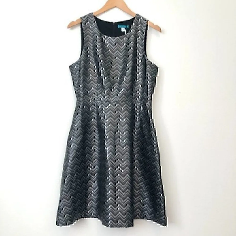NEW NWT PIM LARKIN Lena Brocade Dress Black Silver Chevron Fit Flare Party Small - Image 2