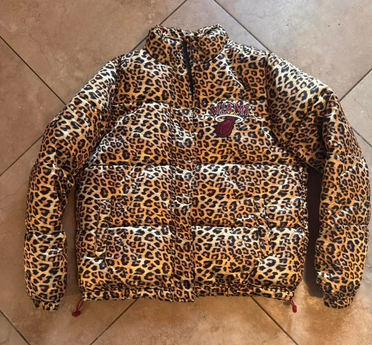 Miami Heat Leopard Print Ultra Game Puffer Jacket (Women’s Large) Brown - Image 1
