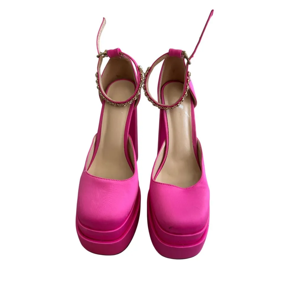 PINK Satin Platform Ankle Strap Heels Size 37 / US 7 - Image 2
