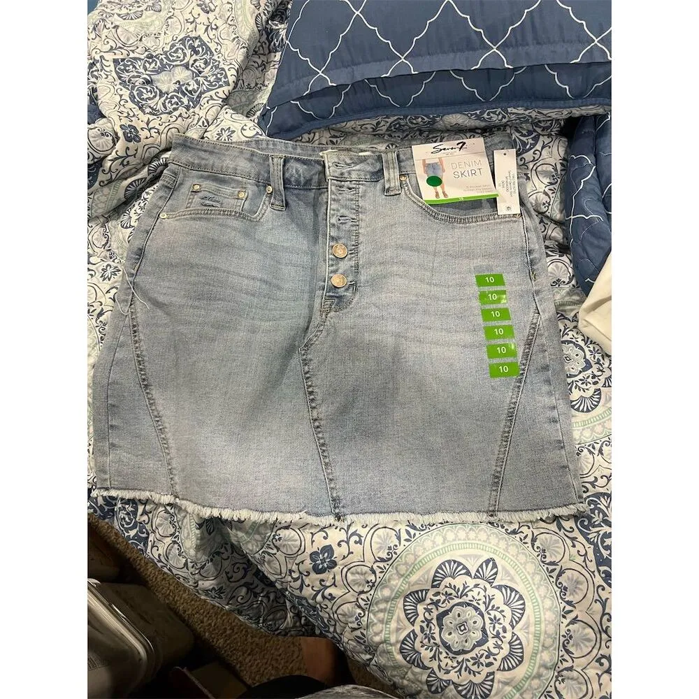 Seven7 Women's Size 10 Blue Denim Pencil Skirt Button Fly Fray Hem - Image 3