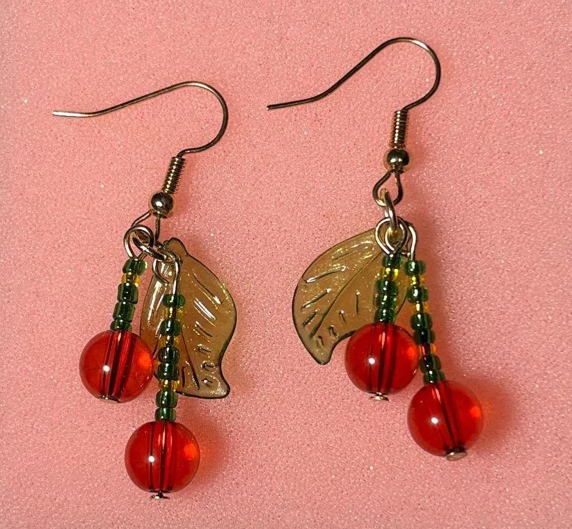 Cherry Beaded Earrings Gold - Image 4