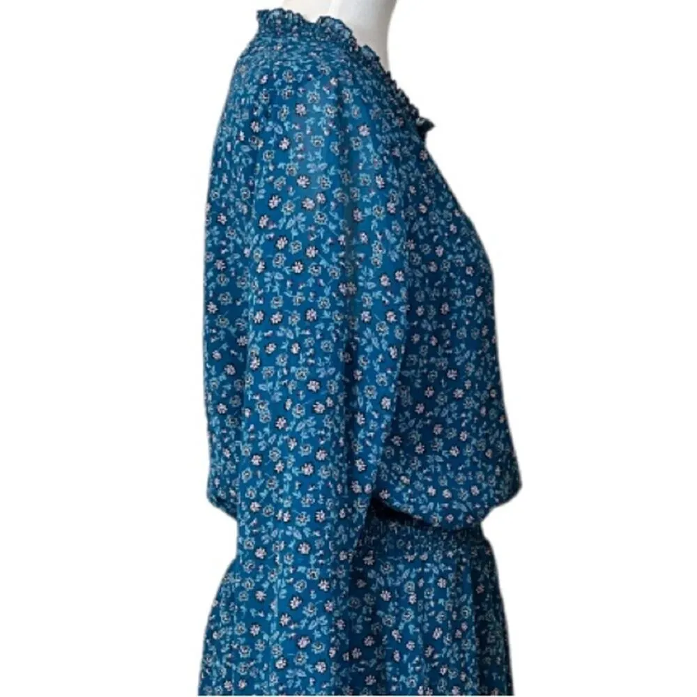 Time & Tru Midi Dress Smocked Long Sleeves Teal Floral Women’s Size Large 12/14 - Image 11