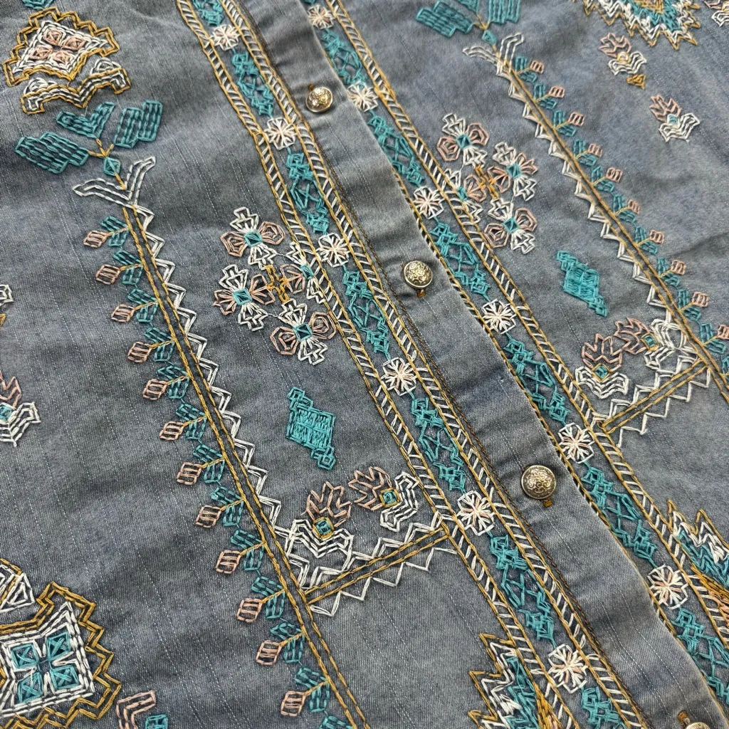 Indigo Thread Co. Embroidered Denim Jean Midi Long Sleeve Button Up Slit Dress Blue - Image 10