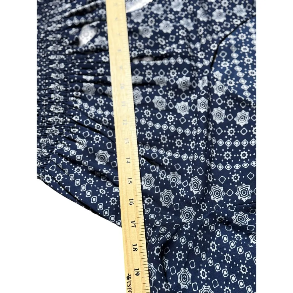 JACK Womens S Blue White Geometric Pattern V-Neck Smocked Waist Long Sleeve Top - Image 9