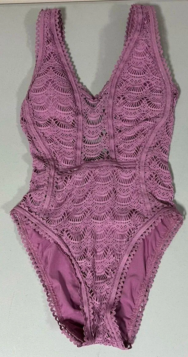Purple Lilac Crochet Lace One-Piece Bathing Suit Swimsuit Swimwear Size S 💜 - Image 2