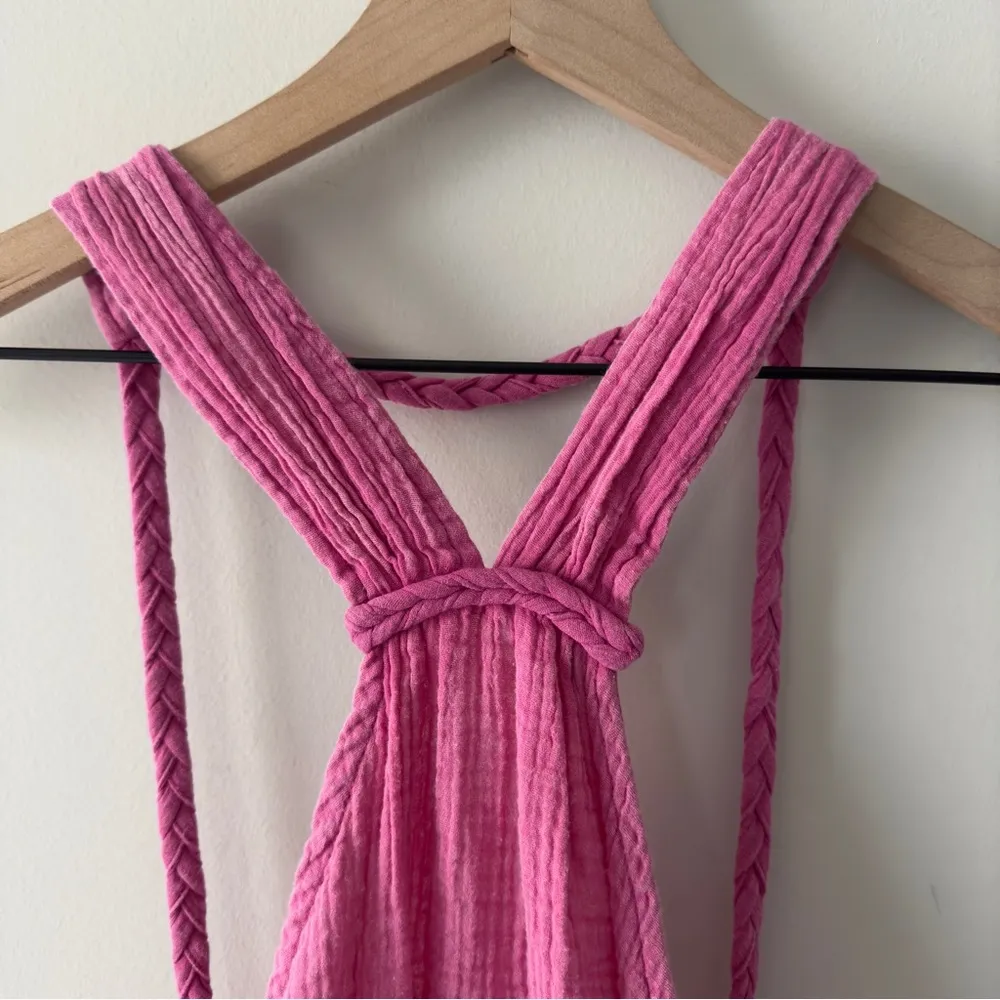Anthropologie Pink gauze fabric braided strap mini dress halter 100% cotton NWT - Image 5