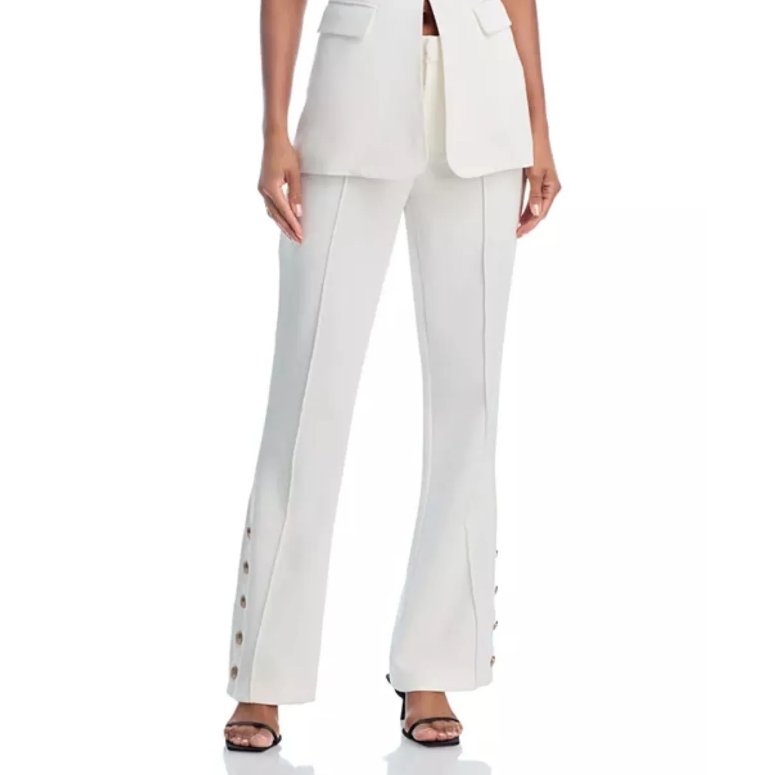 AQUA White Flare Leg Dress Pants Gold‎ Button Accents Career Size M - Image 2