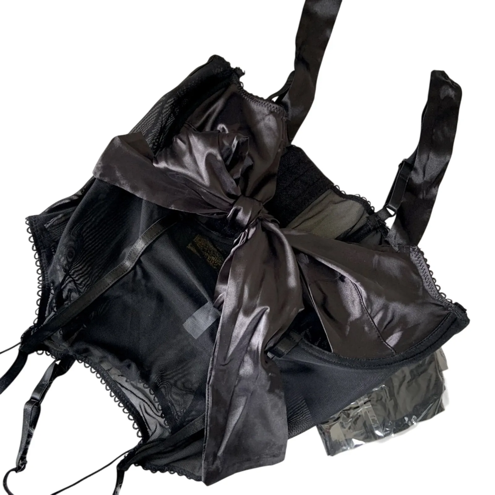 Black Satin Lingerie Bow Bustier Set w Stockings Small NEW WITH TAGS Retail $87 Size undefined - Image 12