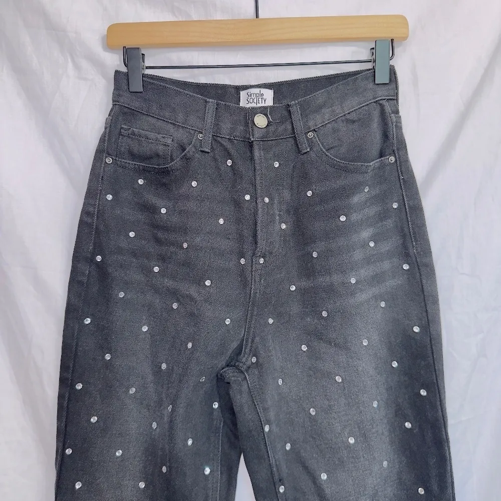 Simple Society Black Wash High Waisted Rhinestone Embellished Straight Leg Jean - Image 3