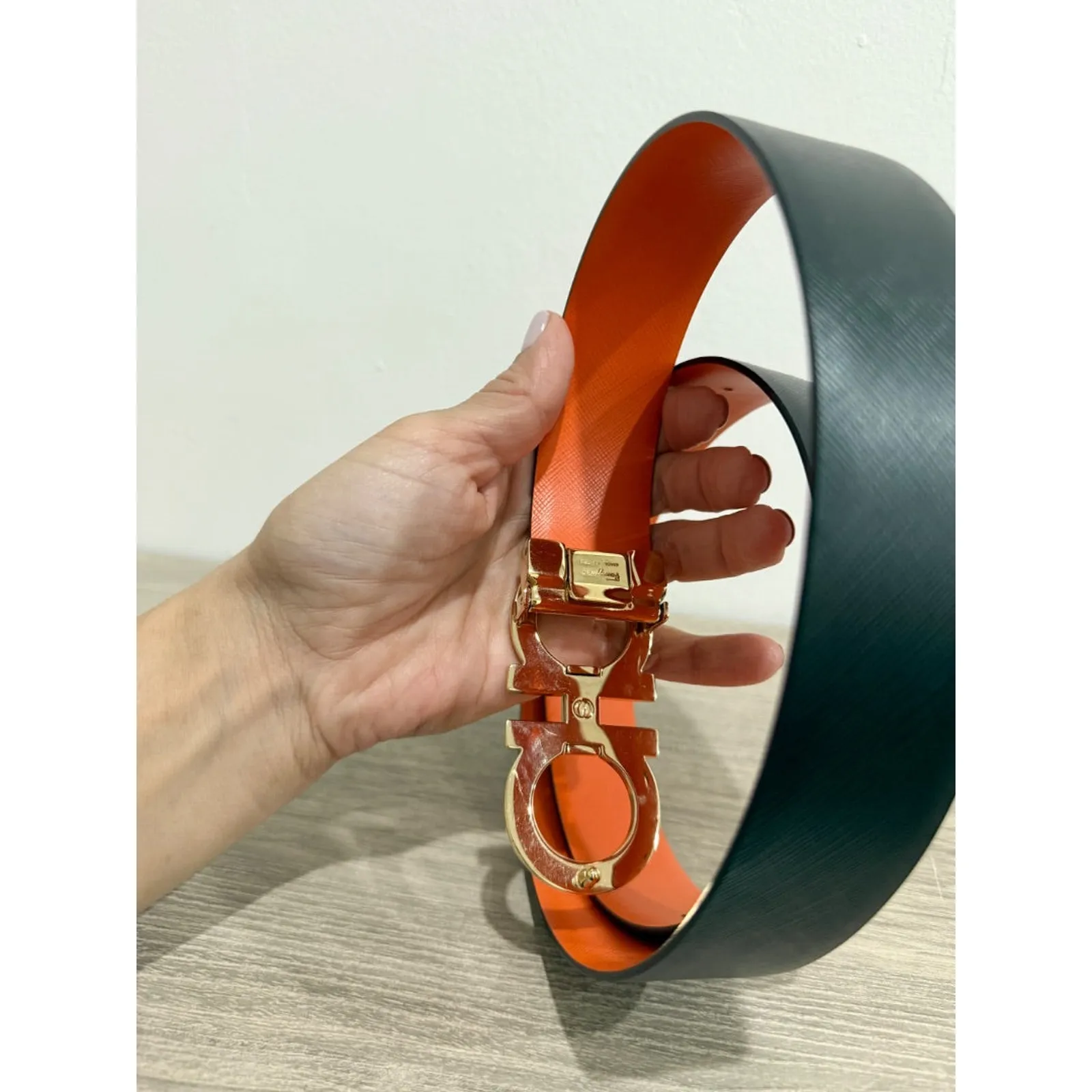 Salvatore Ferragamo Orange/Black Leather Gancini Buckle Reversible Belt 34'' - Image 4