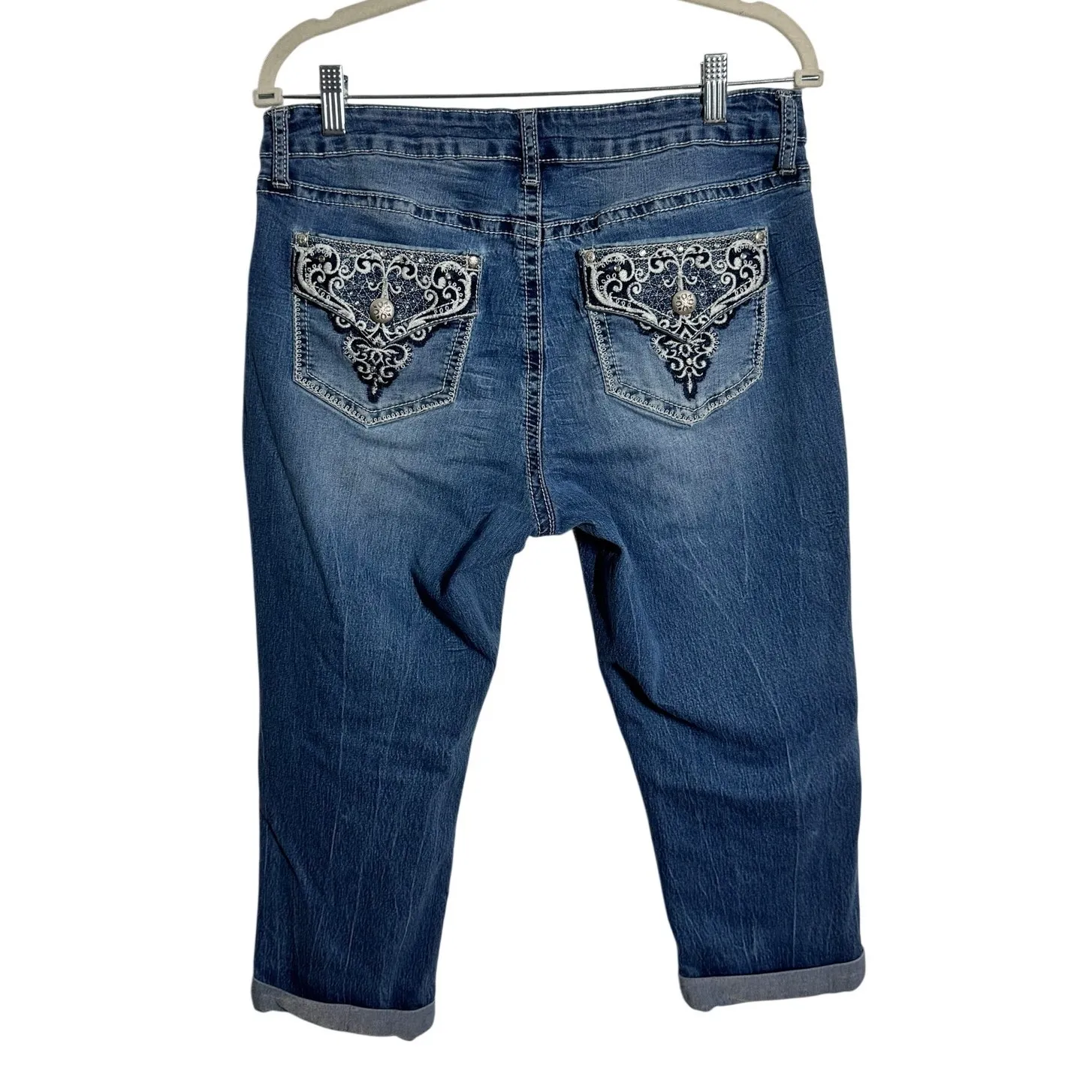 Y2K Bling Western Denim Capri Jeans Women 12 Flap Pocket Bedazzled Bratz VTG Blue - Image 2