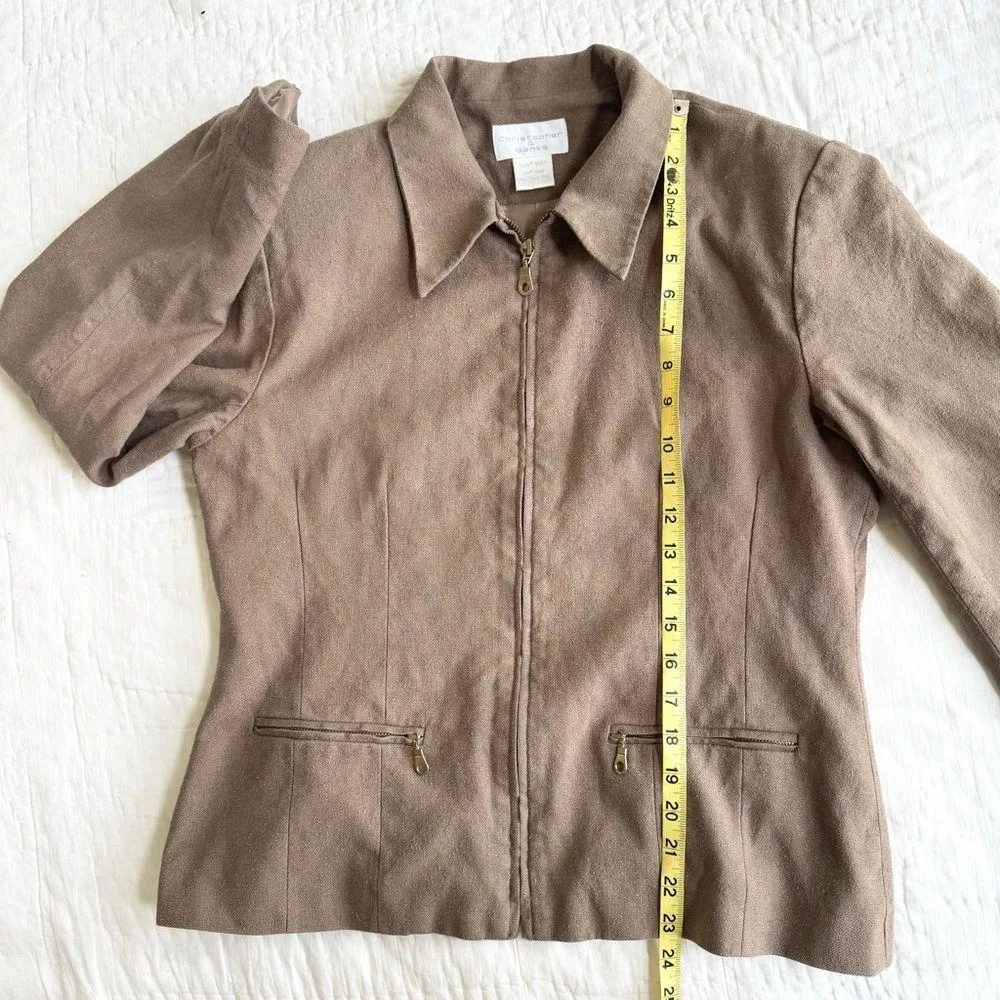 Christopher & Banks Womens Textured Silk Brown Jacket Zip Front Hip Pockets M - Image 10