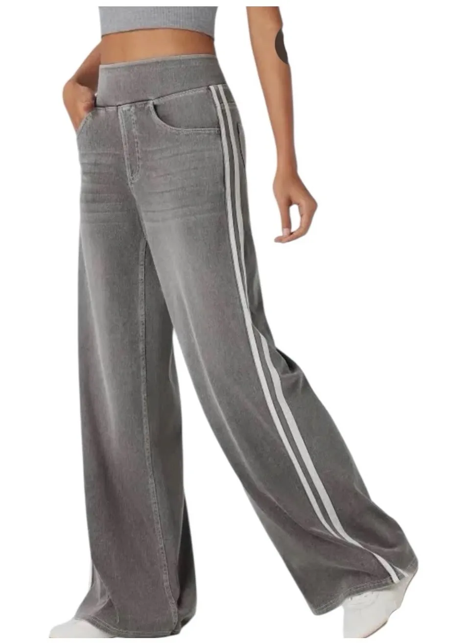 Halara Flex High Waisted Stripe Wide Leg Flowy Casual Jeans Gray MEDIUM NWOT - Image 1