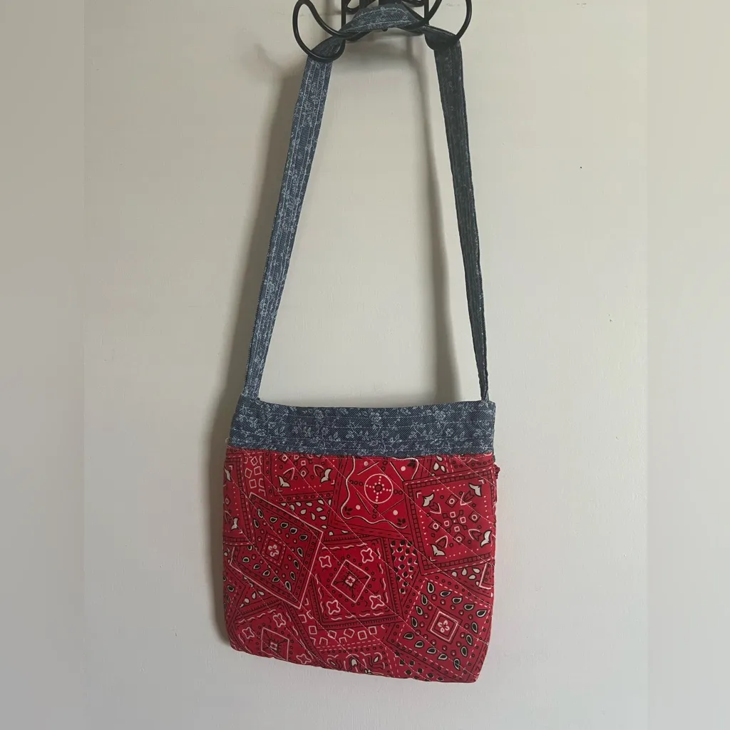 Bandana and denim Crossbody Bag – Red & Blue - Image 2
