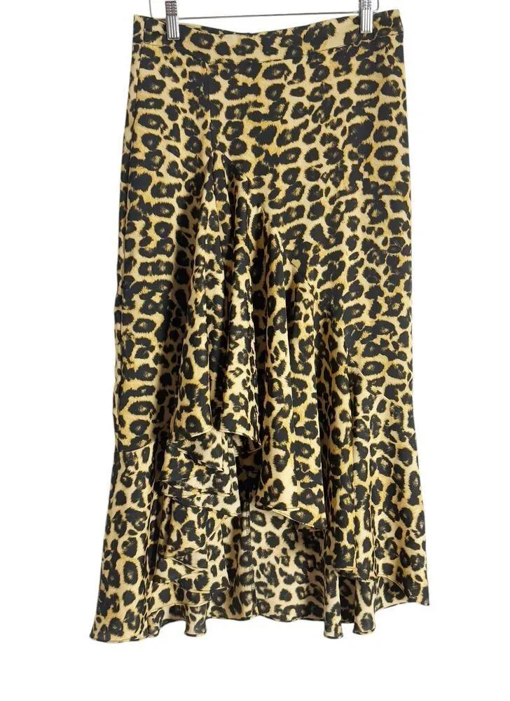 Misa Los Angeles Mireya Leopard Animal Print Ruffled Asymmetric Midi Skirt Sz M - Image 4