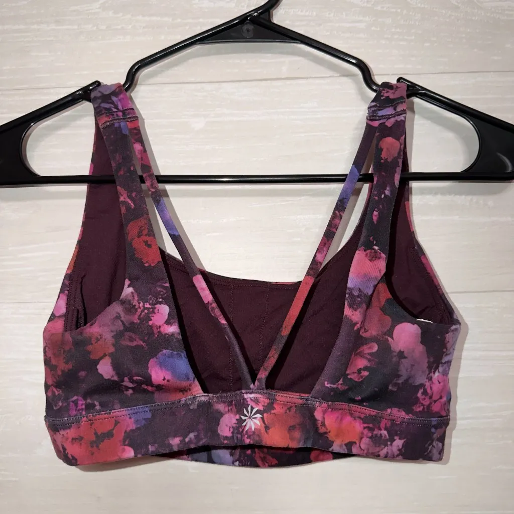 Athleta Women's Exhale Printed Sports Bra Floral Purple Pink Supportive Strappy - Image 4